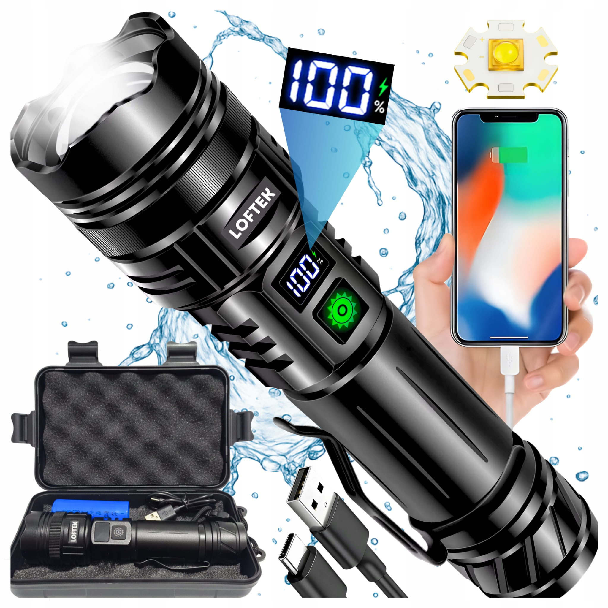 Latarka LED 20000 Lumenów Akumulatorowa Powerbank Zoom IP67 LOFTEK